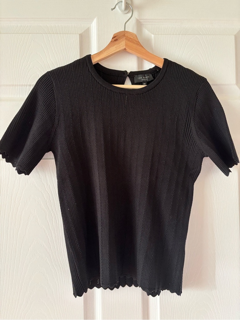 Ted Baker Black Ribbed Short Sleeve Knit Top with Scalloped Trim